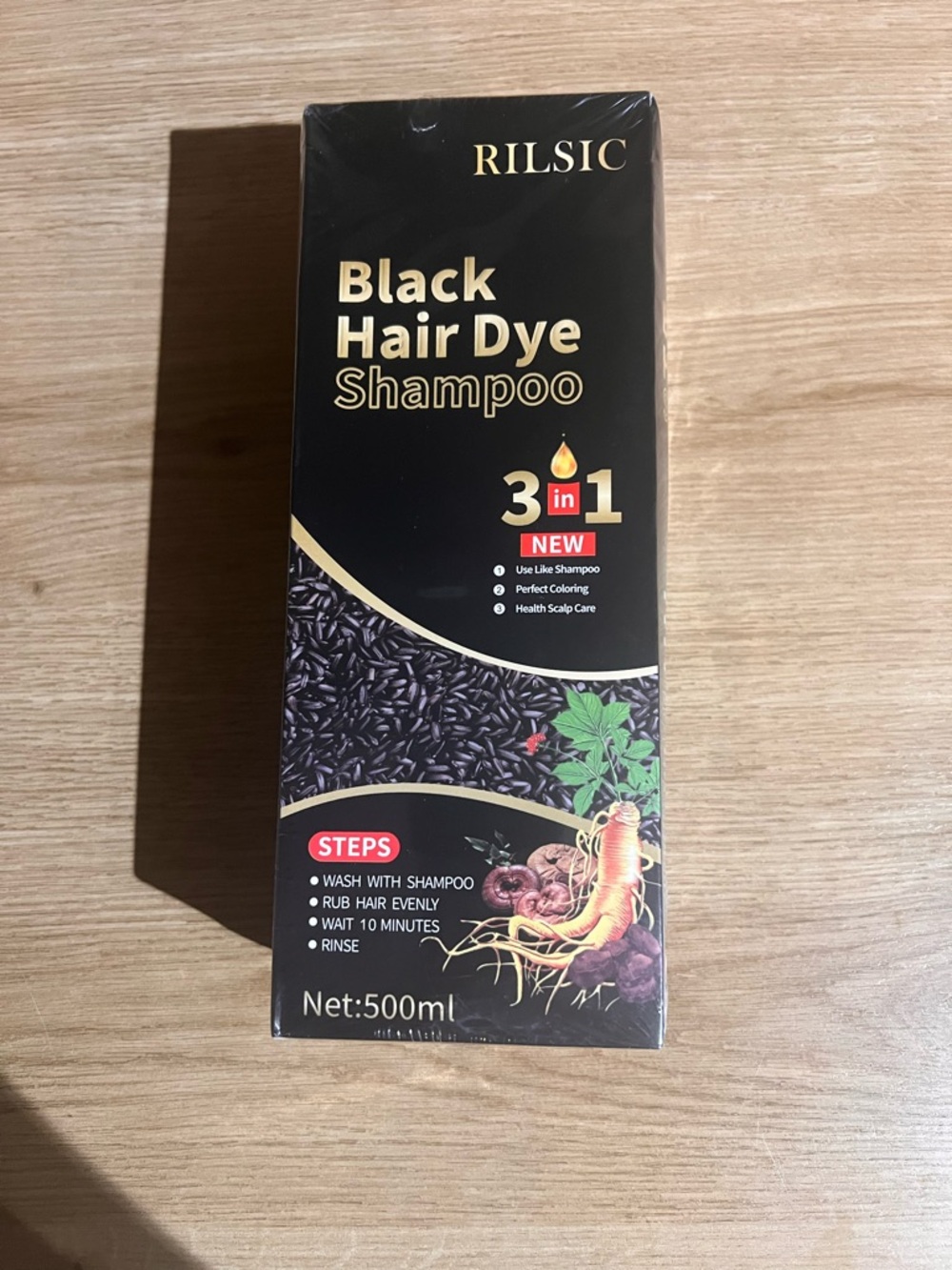 Shampooing Colorant Noir RILSIC 3-en-1 – Couvre Cheveux Gris – 500ml Neuf
